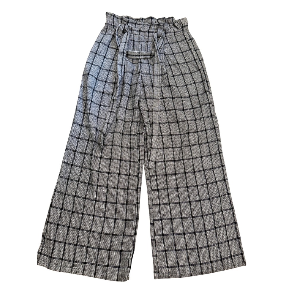 New Favlux Fashion Black and White Plaid Wide Leg Paperbag Pants Size L NWT